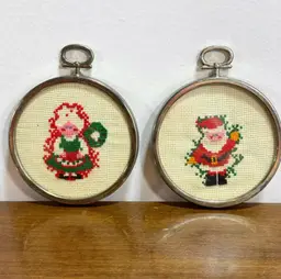 Vintage Handmade Completed Cross Stitch Santa & Mrs Claus Ornaments 3.5"