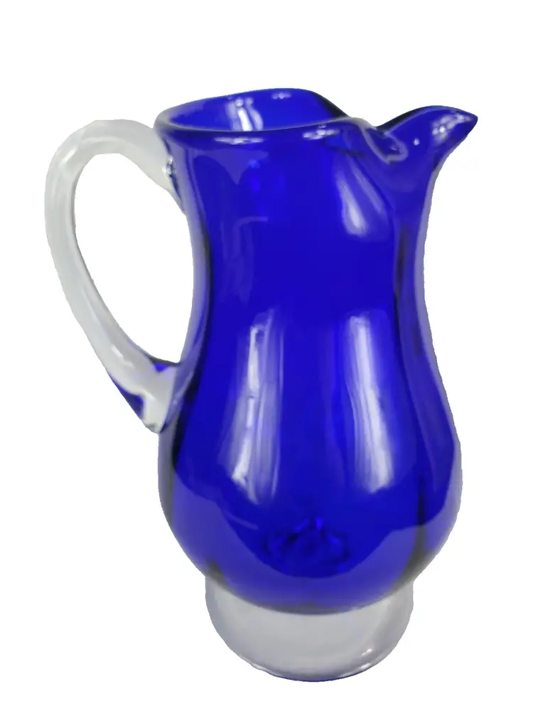 Vintage Handblown Cobalt Blue 10.5"  Pitcher Clear Handle