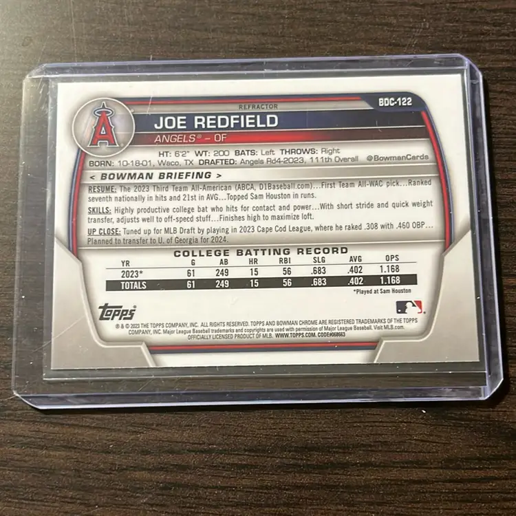 Joe Redfield 1st Bowman Refractor. Los Angeles Angels. 2023 Bowman Draft Chrome. 