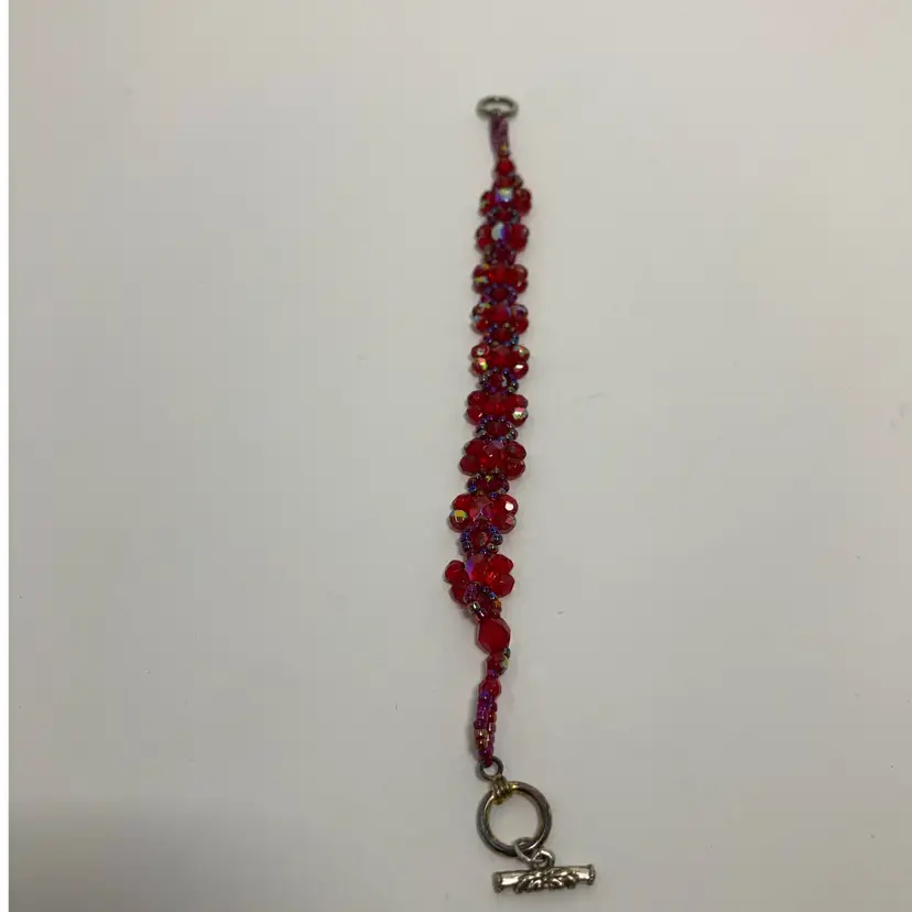 Red Iridescent Glass Bracelet With Toggle Clasp! 8” Long!