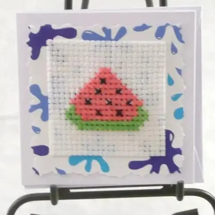 Summertime Treats Watermelon Bubble Tea Blue Popsicle Cross Stitch Blank Gift Tags Note Cards 3.25" x 3.25"
