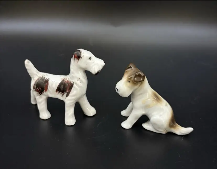 Vtg MC Pair 2 Fox Wire Hair Terrier Dog Puppy Porcelain Tri-Color Japan 2 Poses