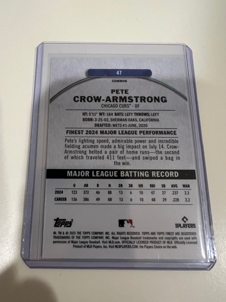 Pete Crow-Armstrong Finest Green Refractor /75 Chicago Cubs