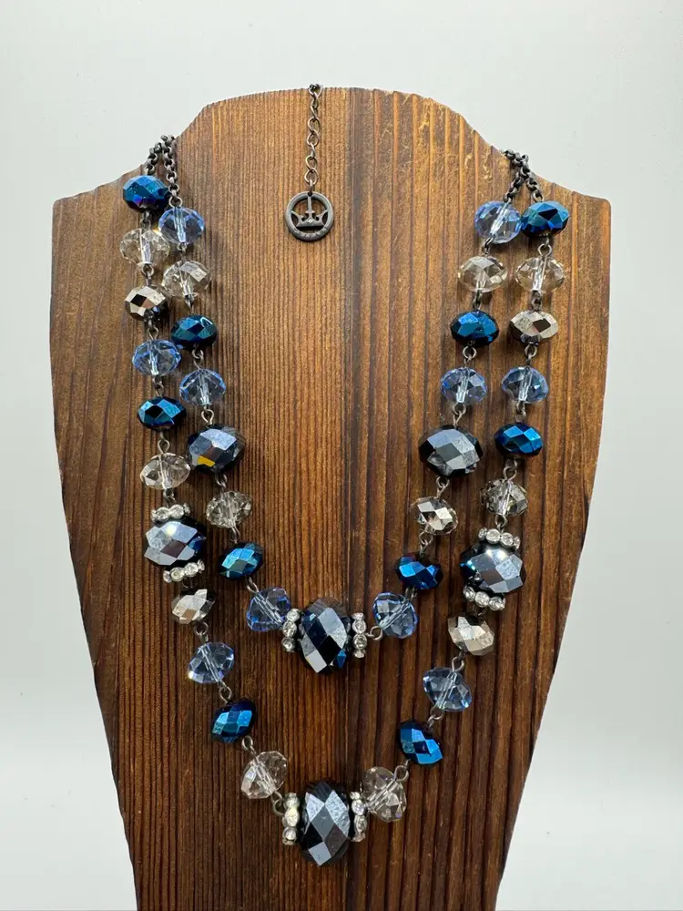 # 51 Crown Trifari Blue Faceted Glass Bead & Rhinestone Double Stranded Necklace