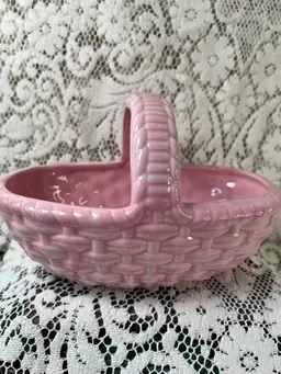 110 Pink Ceramic Woven Easter Basket 1981, Signed  H A 9" X 6.5" X 6"