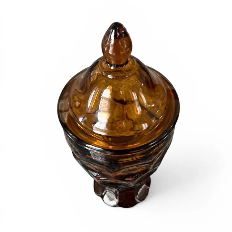 Imperial Glass Provincial Pattern Amber Glass Lidded Candy Jar