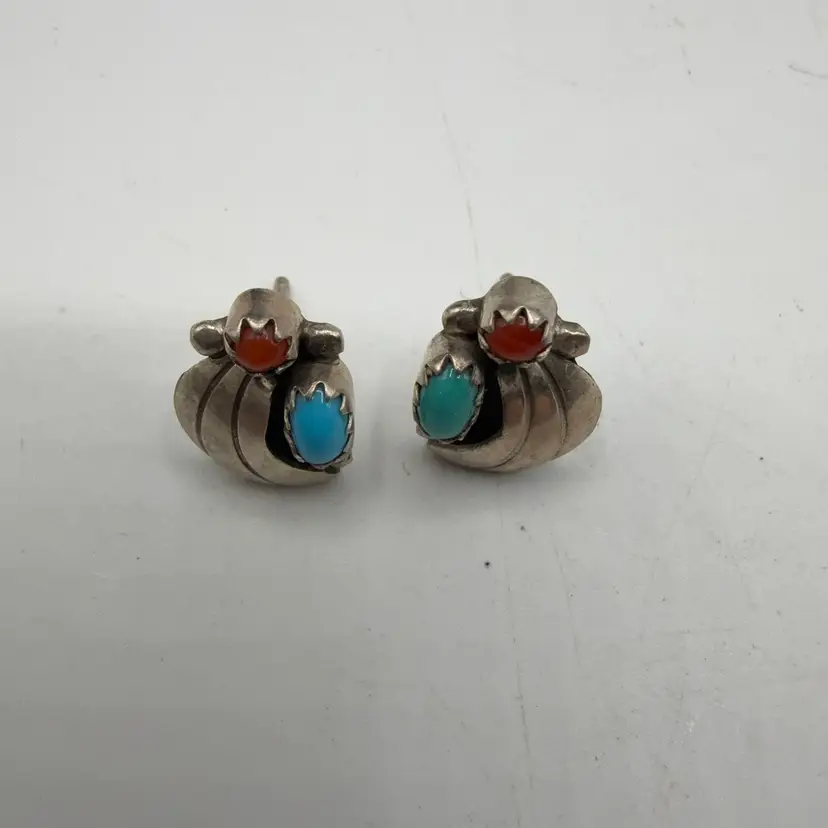 Navajo Silver Tone Turquoise Coral Native American Pierced Earrings