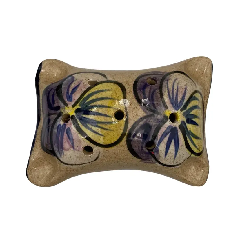 Large Hand-Painted Pottery Pansy Puff (Flower Frog), Purple Pansies, 7-Hole