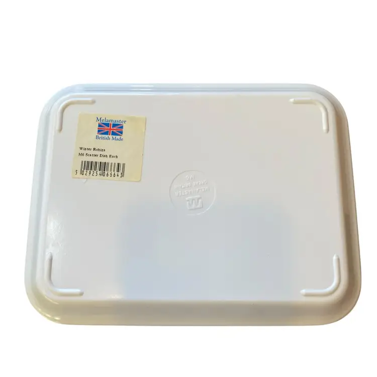 This is a Melamaster "Winter Robins" melamine sandwich tray. The tray features a watercolor painting of robins in the snow by V. Pfeiffer.