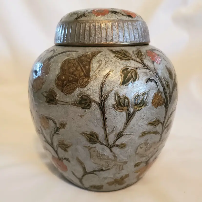 Brass Handpainted Ginger Jar & Lid made in India Floral Birds 7" Tall Vintage