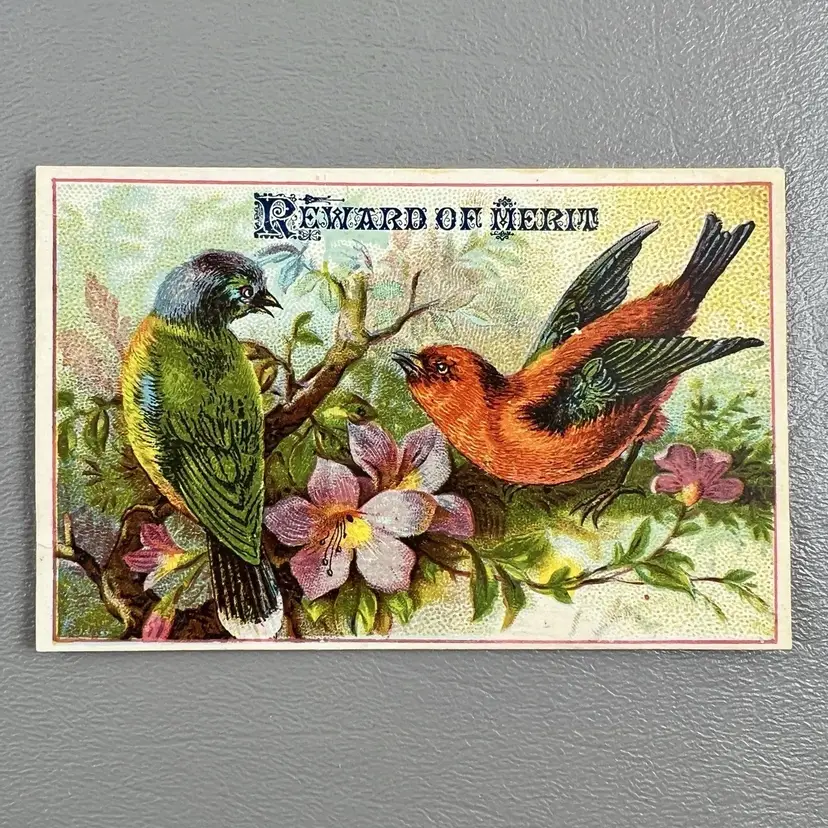 Victorian Reward Of Merit 4x3.5" Red Yellow Birds Flowers