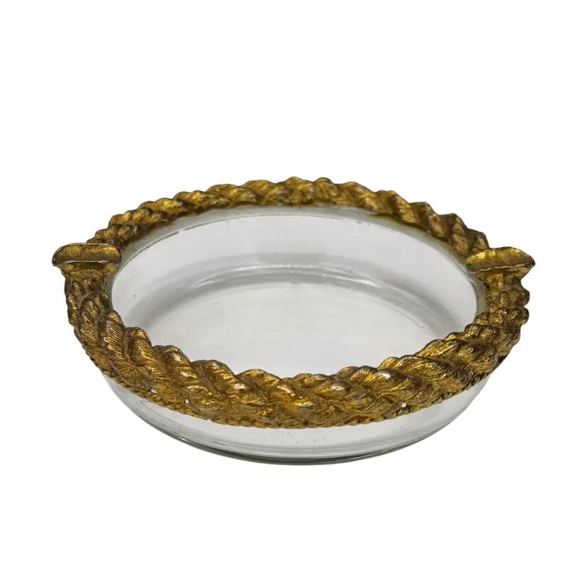 Vintage 1930s Art Deco Ashtray Twisted Rope Brass Glass Small Round Rare Hollywood Regency Collectible Trinket Dish