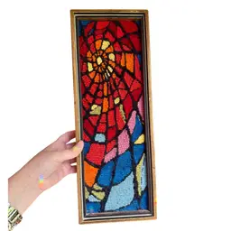 Vintage Framed Crewel Needlepoint, Abstract Stained Glass Spiderweb Sun Design