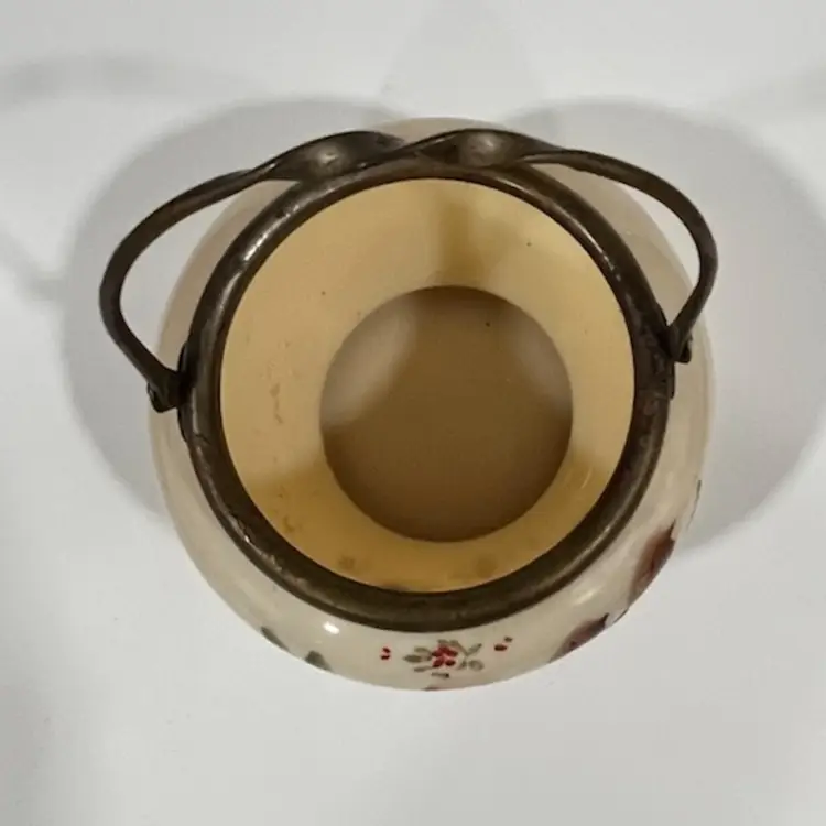 Opaline Glass Jam Jar with Hand-Painted Enamel Florals,  Twisted Handle – 3″ 
Antique- Non Magnetic Handle/Rim