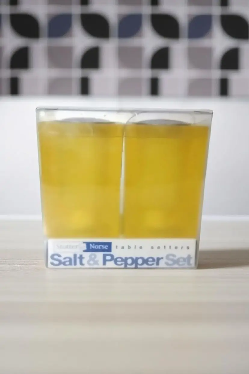 Vintage Stotter & Norse Frosted Glass Salt Pepper Shakers Retro Yellow Square