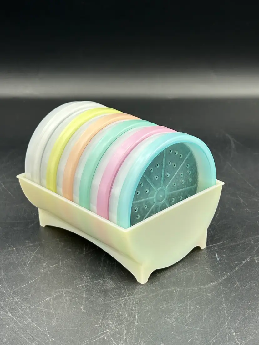 Vintage Tupperware Pastel Set Of Six Wagon Wheel Coasters With Caddy Rack Holder