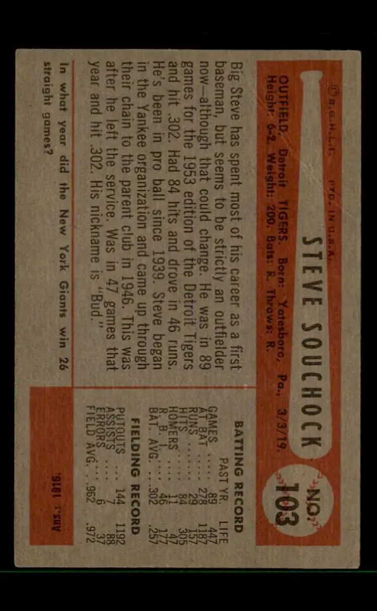 1954 Bowman #103a Steve Souchock - (pk-tl3) - Detroit Tigers