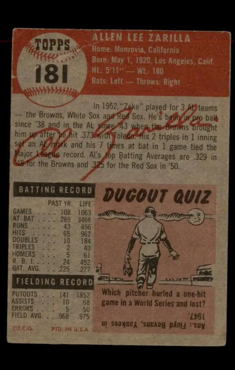 1953 Topps #181 Al Zarilla - (pk-tl1) - Boston Red Sox