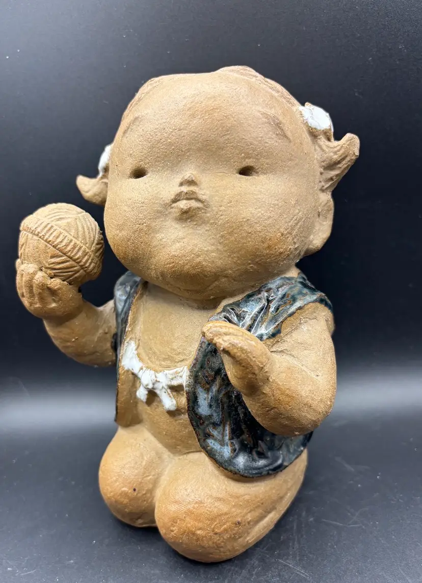 Japanese Terra Cotta figurine Of Girl With A Ball Of Yarn, Yakimono