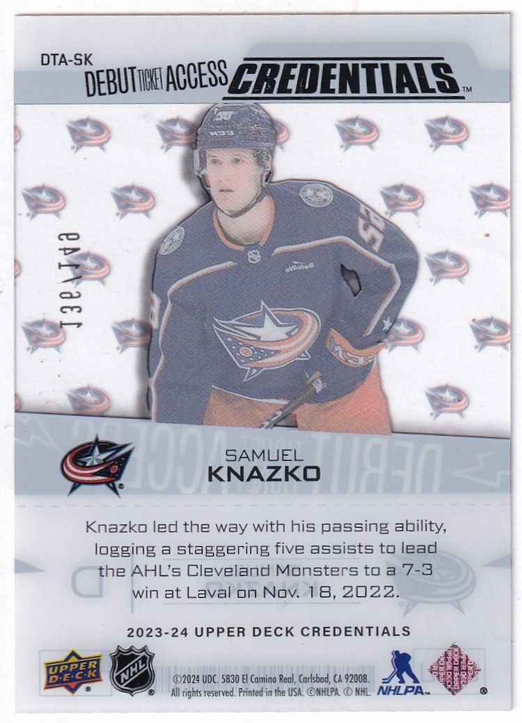 2023-24 Upper Deck Credentials Debut Ticket Access Acetate #DTASK Samuel Knazko Columbus Blue Jackets Hockey Card