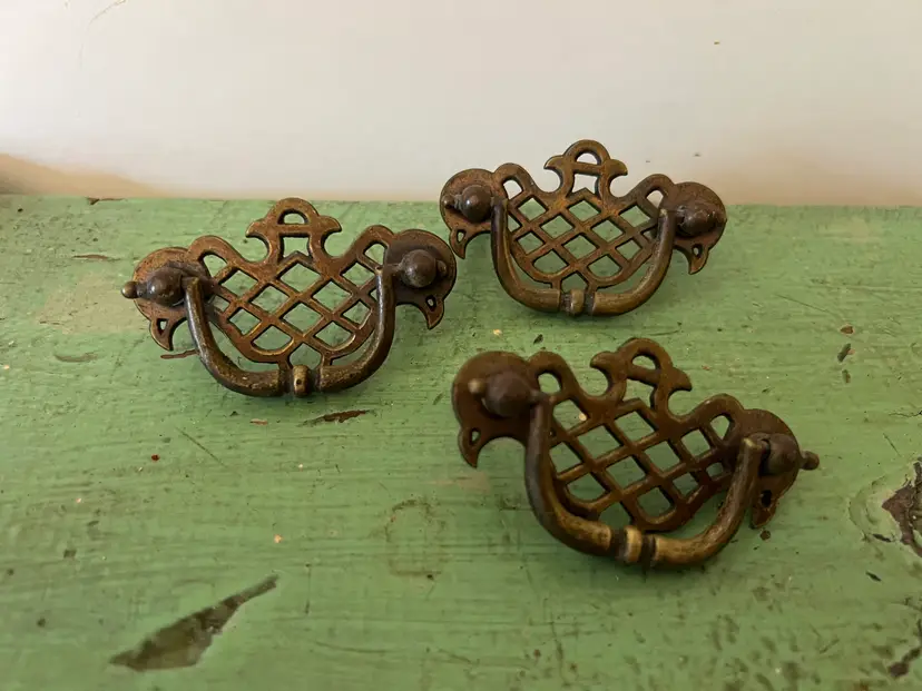 Set of 3 Antique Chippendale Drawer Handle Pulls. 2" Bore.