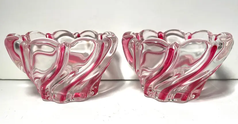 Pair Of Mikasa Red Swirl Clear Candy Dishes Votive Candle Holder Germany Christmas Holiday