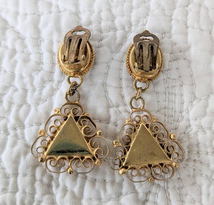 Vintage Italian Dangly Micro Mosaic Clip On Earrings with Gold Filigree Edging