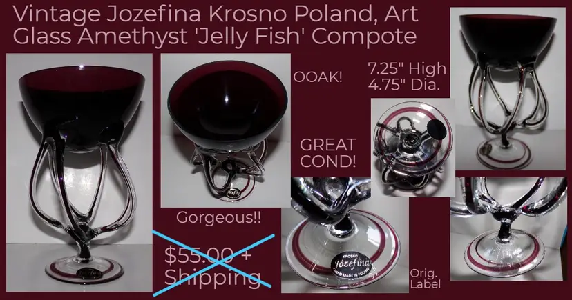Vintage Polish Art Glass Jozefina Purple Amethyst Jellyfish Compote