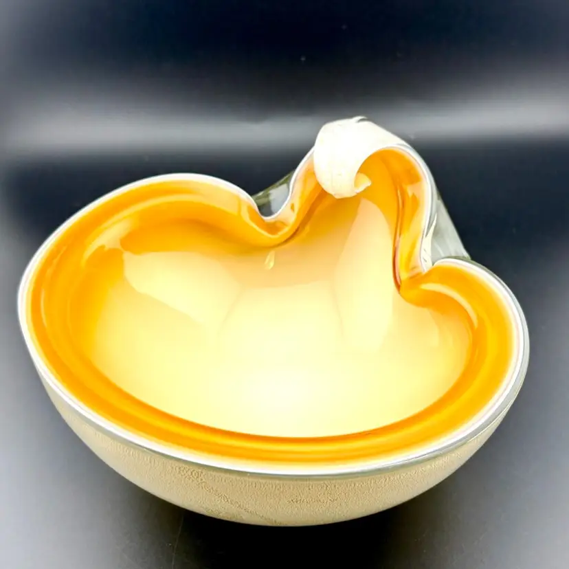 Vintage Murano Mid Century Cased Dish/Ashtray Orange, White And Flecks Of Gold 4.25” Tall x 6.25” wide x 7” Long Please Read Description