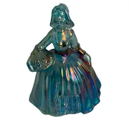Vintage Fenton Blue Carnival Glass Lady Figurine Wearing Victorian Dress Carrying A Basket Of Flower With A Cute Bonnet