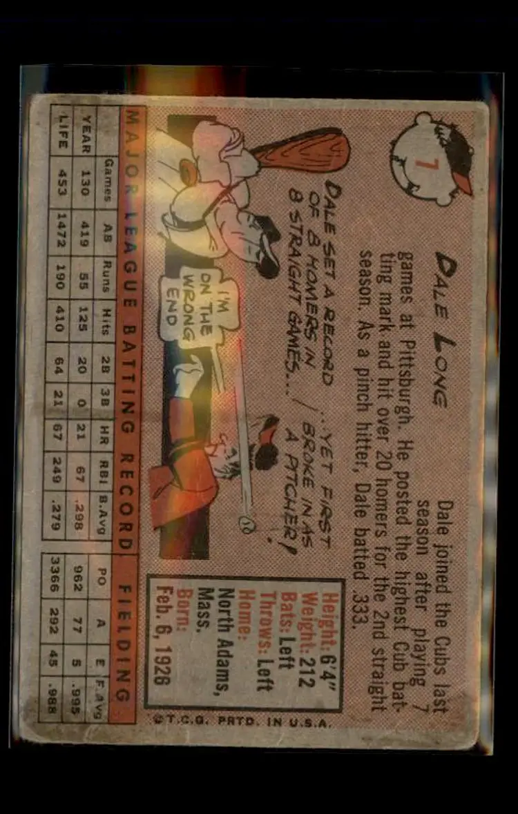 1958 Topps #7 Dale Long - (pk4) - Chicago Cubs