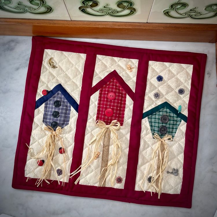 Vintage Handmade Quilt Tapestry Wall Hanging Bird Houses Buttons SIGNED Primitive Cottage Decor 13.5x15.5"