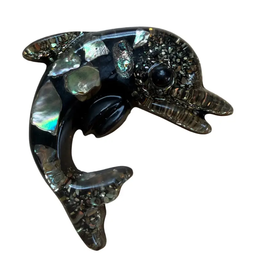Vintage Lucite Acrylic Abalone gold black Dolphin, 6" Clear Wall Hanger