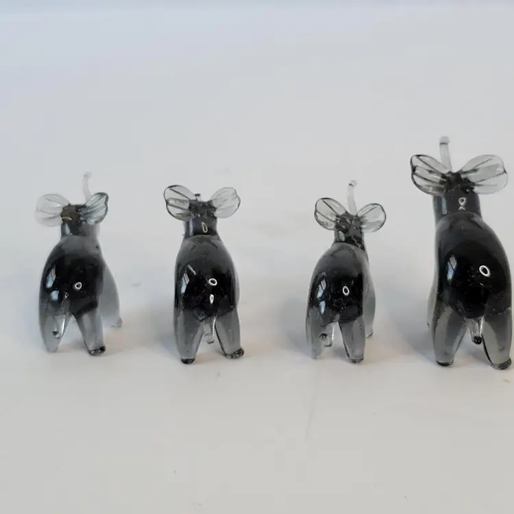Set of 4 Vintage Handblown Glass Miniature Black Elephant Figurines Family