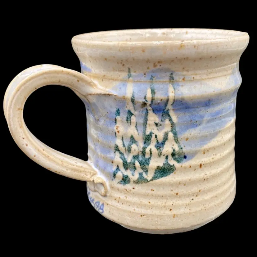 Vintage Studio Pottery Mug, Snow-Covered Evergreens, Clear Blue Sky, Signed