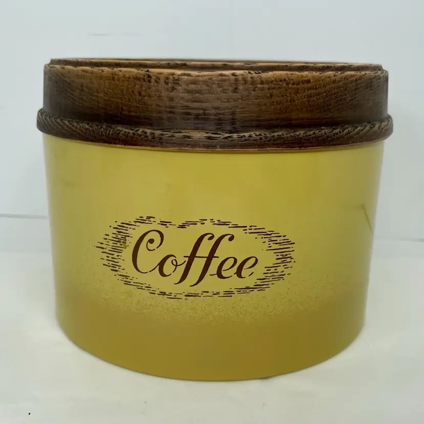 Vtg Coffee Canister Cheinco Ombre Yellow 1970s Metal Round Wood Look Fruit Lid