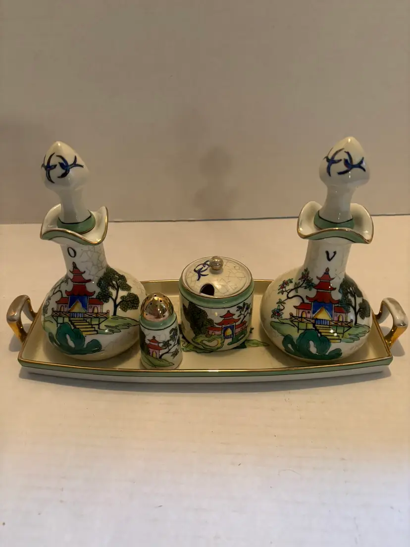 Vintage Noritake Oil and Vinegar Cruet Set W/Lidded Pot and Shaker Hand Painted