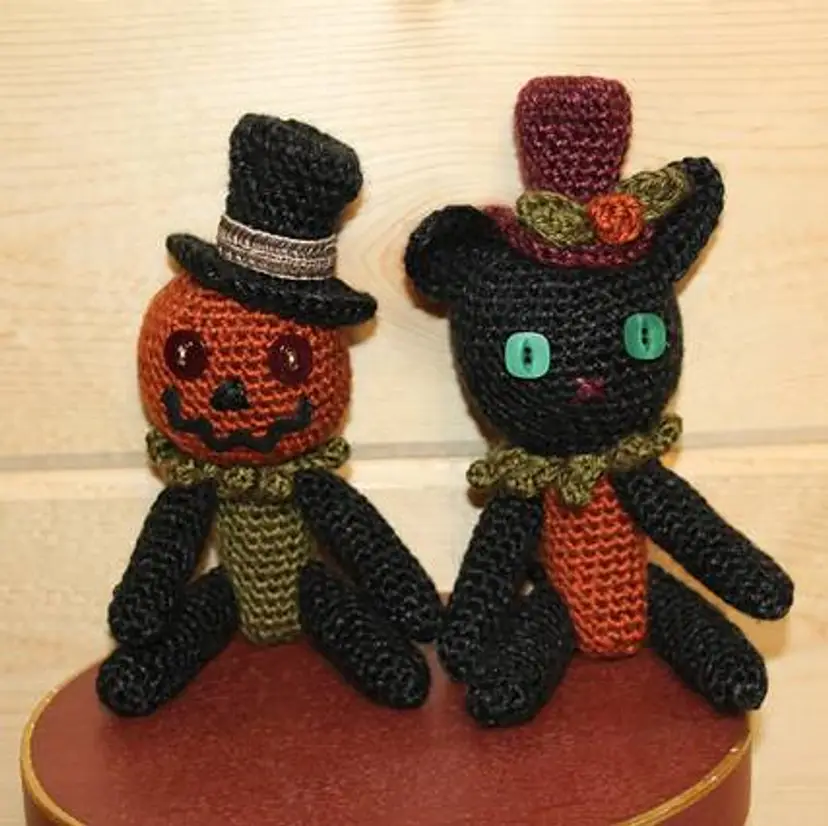 Black Cat in a Hat and Pumpkin Man in a Hat duo - Handmade by Me
