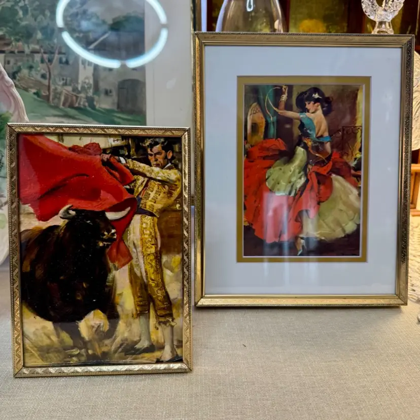 8x10 & 5x7 set of two vintage gold metal framed artworks prints on glossy canvas of bullfighting & flamenco scene by artist Rico Tomaso