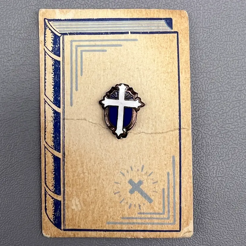 Vintage White Cross On Blue Enamel Shield Pin 1/2" Catholic On Bible Card Catholic Religious