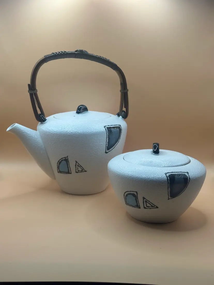 Vintage MCM Teapot And Sugar Dish Made In Japan Rattan Handle
