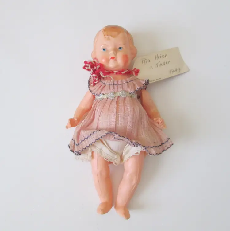 Vintage Hard Plastic Strung Baby Doll 1949 Germany Painted Face And Hair Wearing Baby Dress Panties