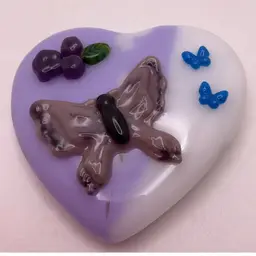 Made by Me! Fused Glass 2.25" Heart Butterfly Paperweight Purple & White Handcrafted Studio Art