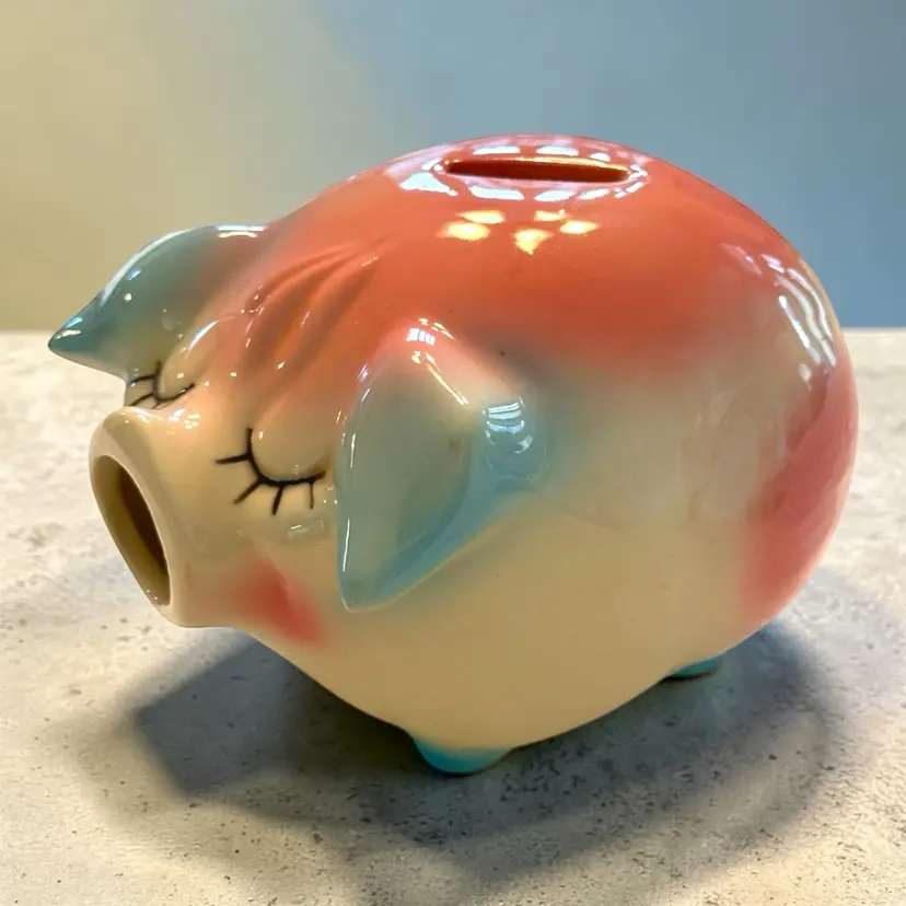 Vintage Corky Pig Hull Pottery Ceramic Coin Piggy Bank 1957 Blue & Pink No Cork