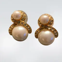 Vintage Gold Tone Double Faux Pearl Pierced Earrings With Pave White Earrings