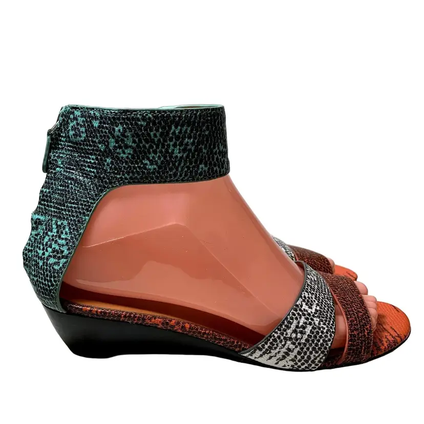Rebecca Minkoff Sandals Womens 7.5 Wedge Ankle Strap Zip Multicolor Animal Print