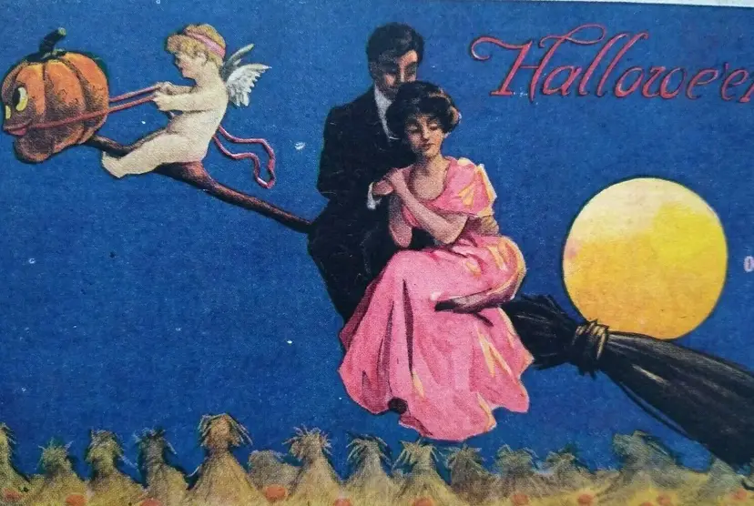 Original Halloween Postcard Series 182 Cupid Baby Flying On Broom Corr Ullman