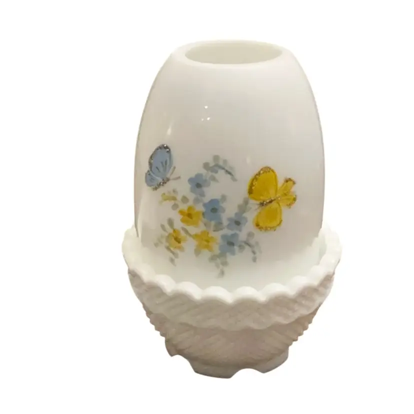 Fenton 2-piece Milk Glass Butterflies HP By Dan Anderson Fairy Light 4 1/2” X 3 1/4”