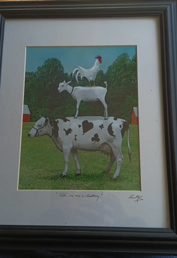 Signed Stacked Farm Animal Picture Titled, "When No one's Looking"