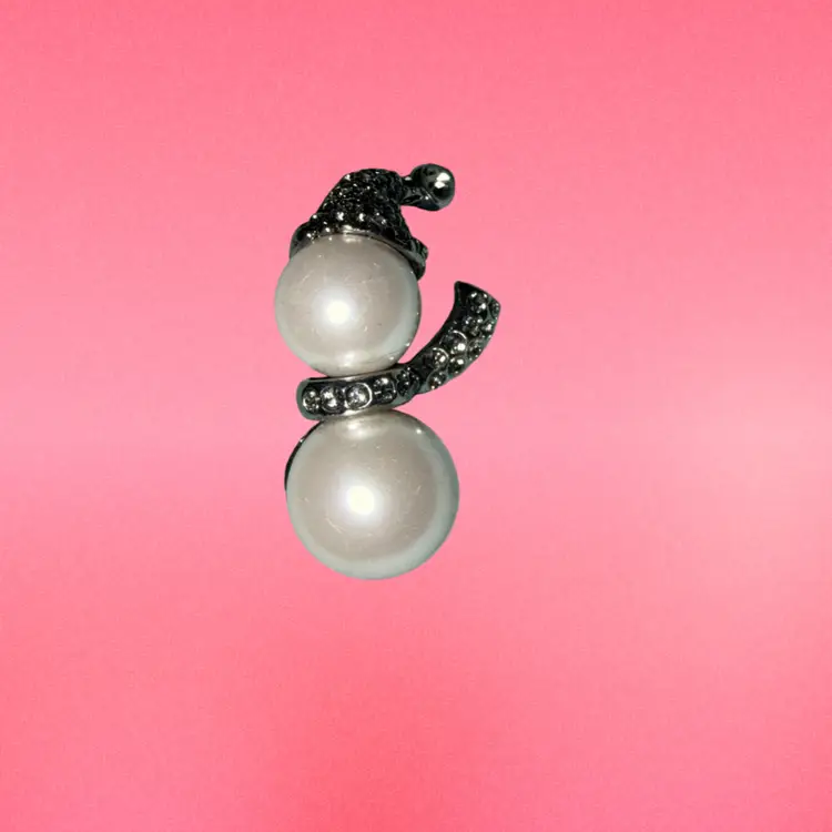 Pearl And Rhinestone Silver toned Snowman Brooch